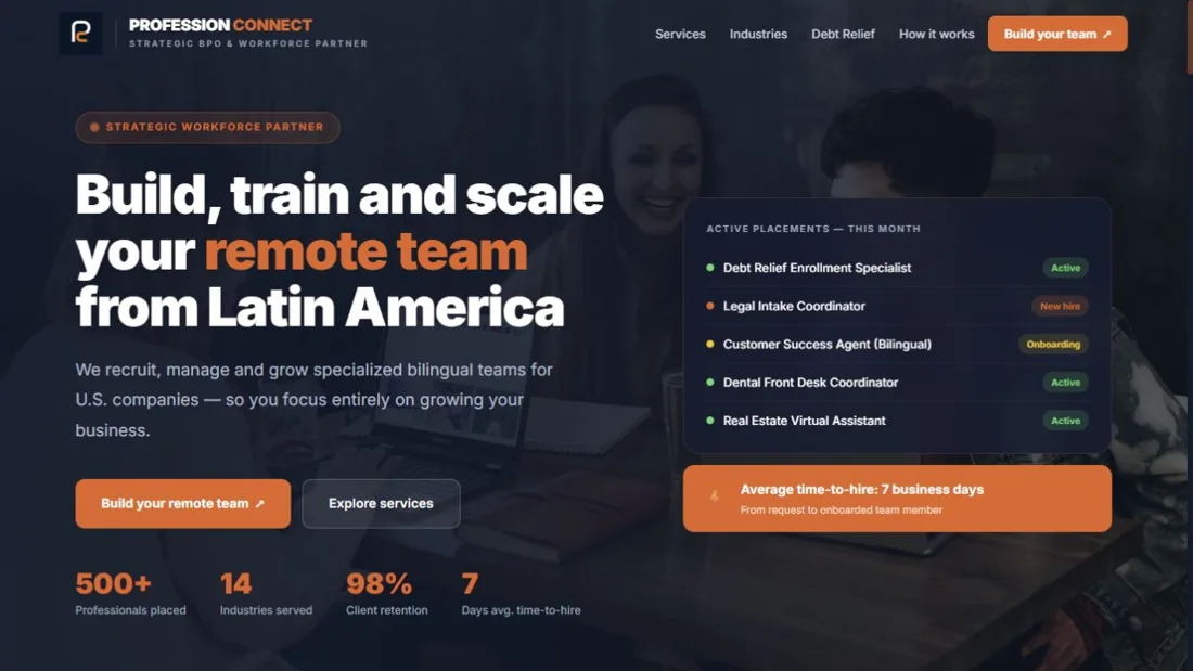 Captura del sitio web actual de Profession Connect